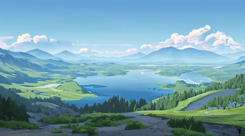 8k, high-definition, wilderness, with a huge lake in the middle and mountains in the distance, game scene, beautiful scenery, ultra clear, master level work,