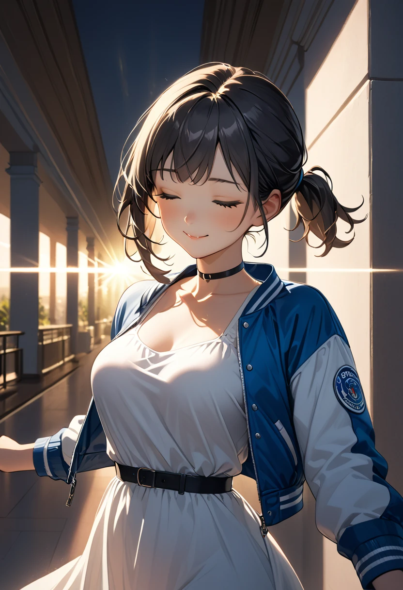 (masterpiece), best quality, 1 girl, solo, medium breast, thin, thick thigh, upper body, black hair, medium hair, short ponytail, gradient hair, choker neck, white maxi dress, blue Varsity jacket, closed eyes, cute smile, looking a view, highres, highest quallity, illustration, cinematic light, dramatic shading, evening days, good lighting, volumetric lighting, backlighting, light rays, perfect dynamic composition, foreshortening, The background in mall,