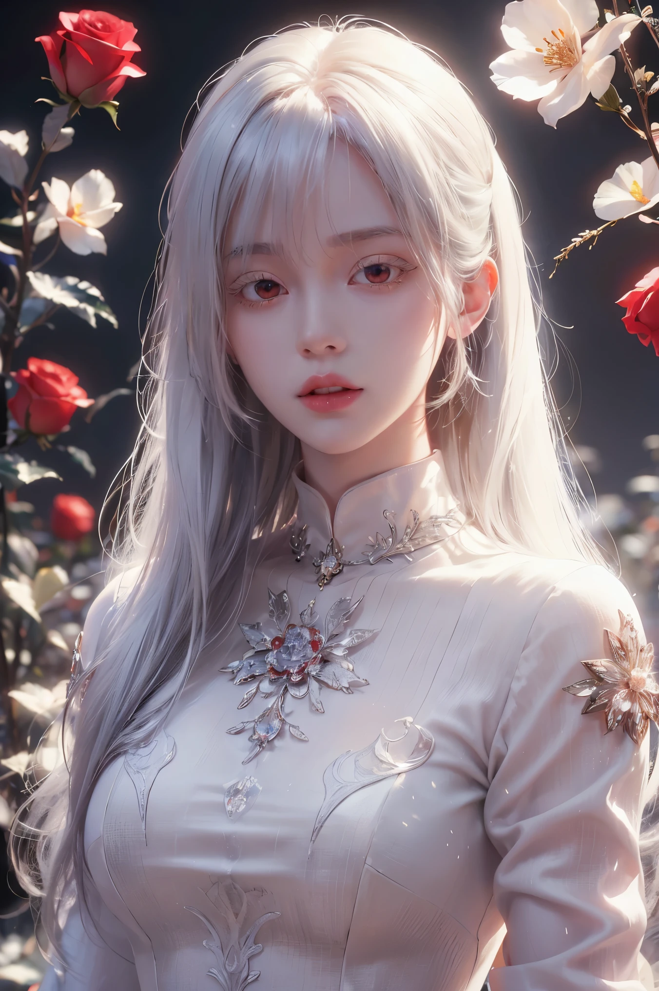 (8k, best quality, masterpiece: 1.2), (realistic, photorealistic photorealistic: 1.37), best quality, masterpiece, unity, an extremely delicate beautiful, extremely detailed, amazing, fine detail, masterpiece, best quality, official art, absurd, incredibly absurd, super detailed, high resolution, very detailed, beautiful detailed girl, extremely detailed eyes and face, beautiful detail eyes, light on face, white hair, Kpop idol, ulzzang-6500, A female , she/her, pale skin, with long silky white straight hair with straight short bangs covering her eyebrows!!!!, red eyes!! white eyelashes, very sexy, wearing a knitted, deep red turtleneck with a long black stockings and black boots, red background, wallpaper, highest resolution, magical, roses, hot, pfp,(8k, best quality, masterpiece: 1.2), (realistic, photorealistic photorealistic: 1.37), best quality, masterpiece, unity, an extremely delicate beautiful, extremely detailed, amazing, fine detail, masterpiece, best quality, official art, absurd, incredibly absurd, super detailed, high resolution, very detailed, beautiful detailed girl, extremely detailed eyes and face, beautiful detail eyes, light on face, white hair, Kpop idol, ulzzang-6500, A female , she/her, pale skin, with long silky white straight hair with straight bangs covering her eyebrows, red eyes, very sexy, wearing a knitted, deep red turtleneck with a long black stockings and black boots, red background, wallpaper, highest resolution, magical, roses, hot, pfp, badass cool, looks evil, add thick bangs