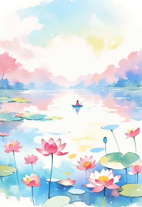 (best quality, high resolution, watercolor lotus，lake .ultra wide angle