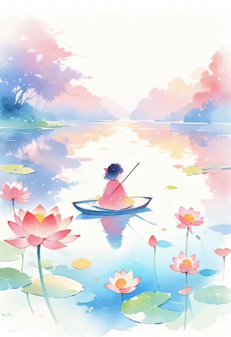 (best quality, high resolution, watercolor lotus，lake .ultra wide angle