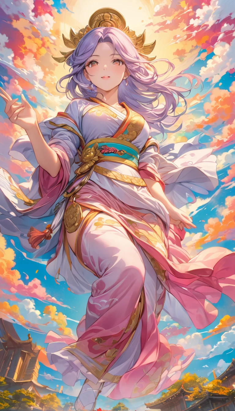  Detailed anime art, Masterpiece, Highest quality, ８K, 1 Hand-painted Mother Kannon statue, Ride the Clouds, Colorful Clouds, Detailed illustration art, Vibrant colors, High resolution, art,  Colored pencil drawing, Hand-drawn,