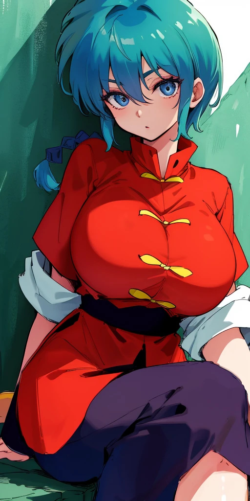 Ranma-chan, Red Hair、Sitting、alone, Very large breasts, valley、single_Braiding, Ranma Redshirt, masterpiece, Highest quality, Detailed face, Detailed eyes, High resolution,She opened her legs shyly.、My whole body is wet