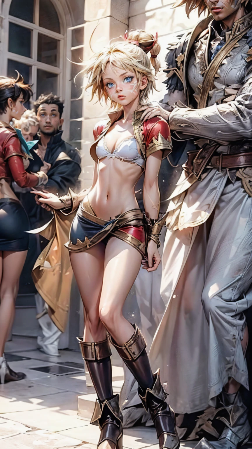 1 adult woman, character "Kid" from chrono cross, kid (chrono cross), ((mature face)), 20 years old, yellow hair in a high braided ponytail, (medium-small bust:1.4),standing on white sandy beach, in various fighting poses, holding glowing dagger, fitted jacket 3/4 cropped (red), white top under jacket, tight fitting micro skirt (red), loose leather boots, ankle wraps, detailed face, detailed eyes, detailed lips, highly detailed hands, best hands, perfect hands, 8k, ultra-detailed 90s era anime style, cinematic lighting, vivid colors, dramatic shadows, masterpiece, award winning art, wide angle, (full length portrait), micrsk3rt, bikini underboob, navel, no bra, bhands, bra skindentation