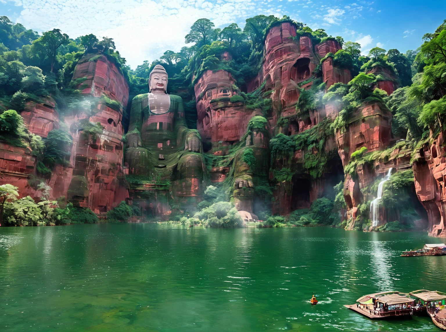 Towering red and brown cliffs dotted with lush green trees，Leshan Giant Buddha，Dominating the scene, A tranquil green lake reflects the vibrant landscape，Adding a touch of tranquility to this awe-inspiring landscape， The sky is a stunning expanse of blue，Dotted with white clouds, Complementing the vibrant scenery, Pristine environment.