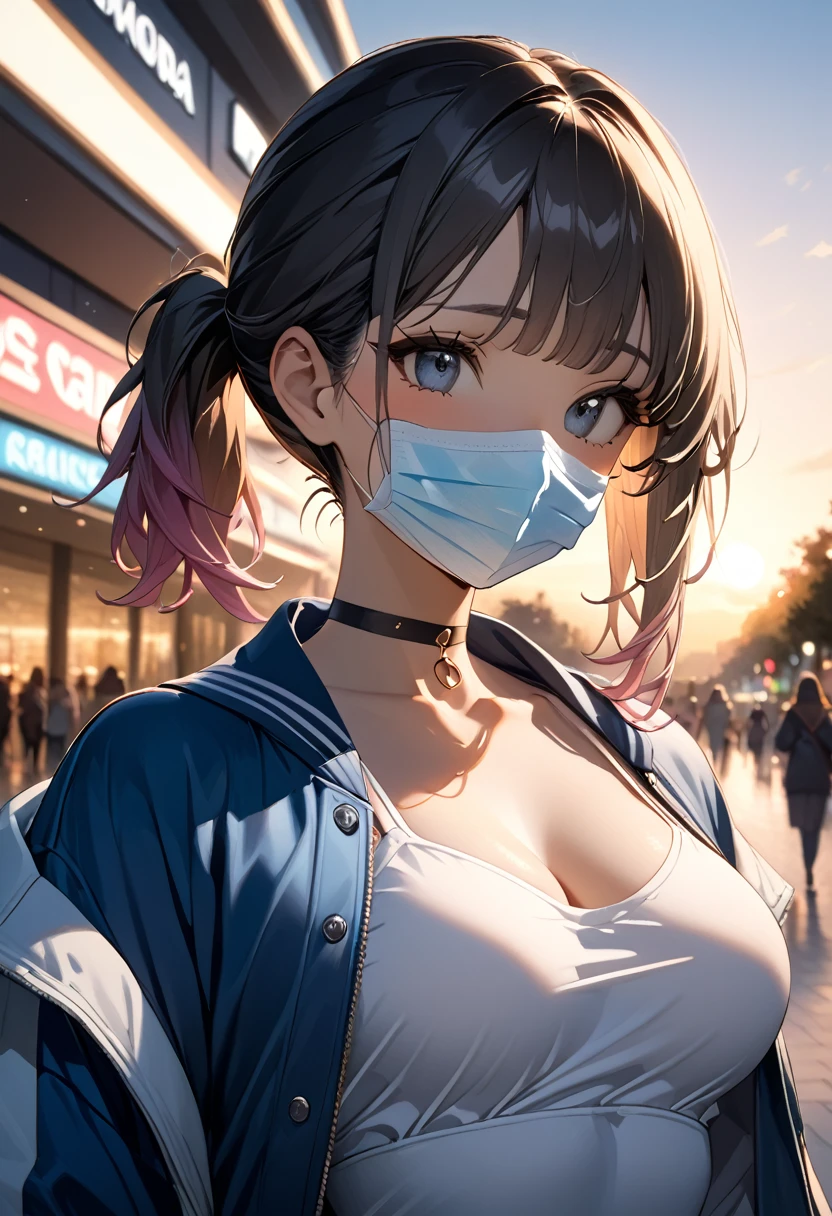 (masterpiece), best quality, 1 girl, solo, best perfect anatomy, medium breast, thin, thick thigh, upper body, black hair, medium hair, short ponytail, gradient hair, mouth mask, choker neck, white maxi dress, blue Varsity jacket, Sensual face, calm, looking a view, highres, highest quallity, illustration, cinematic light, dramatic shading, evening days, good lighting, volumetric lighting, backlighting, light rays, perfect dynamic composition, foreshortening, The background in mall,