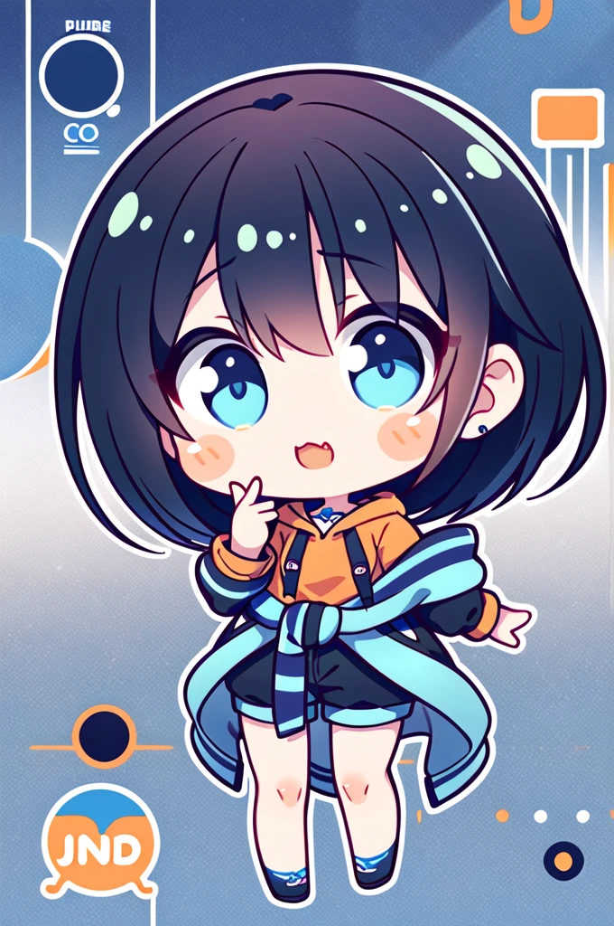 2D CUTE ANIME STYLE STICKER CUTE CHIBI GIRL black hair with orange and blue stripes blue eyes with a black hoodie covering from the waist up with blender logo on it , full body , big head , small limps , no mask on face
best quality,
