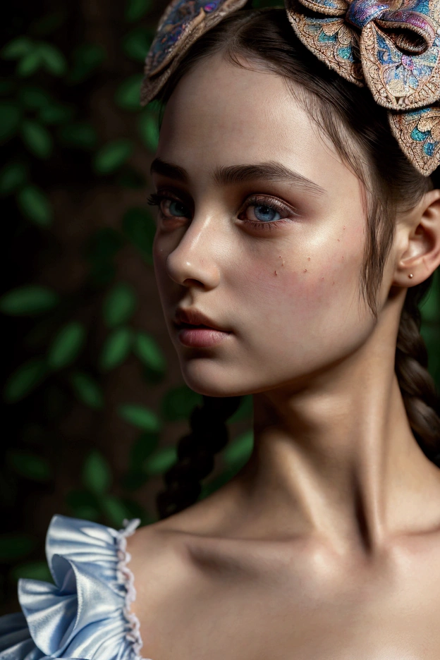 1 girl, masterpiece, Best Quality, 8k, detailed skin texture, Detailed fabric texture, beautiful detailed face, intricate details, ultra detailed, Alice in Wonderland, (a bow on his head:1.1), Upper part of the body