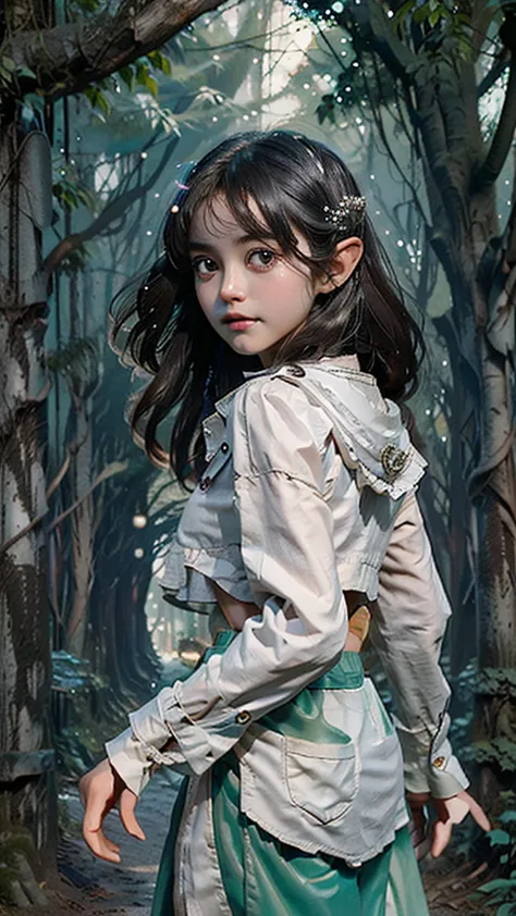 a young girl with curious eyes walks through a magical forest, her gaze following glowing orbs of light floating around her. she...