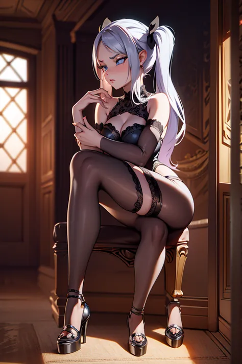 "a beautiful dark elf queen sitting seductively in an old, dimly lit house. she is adorned in a sexy, transparent lace corset wi...