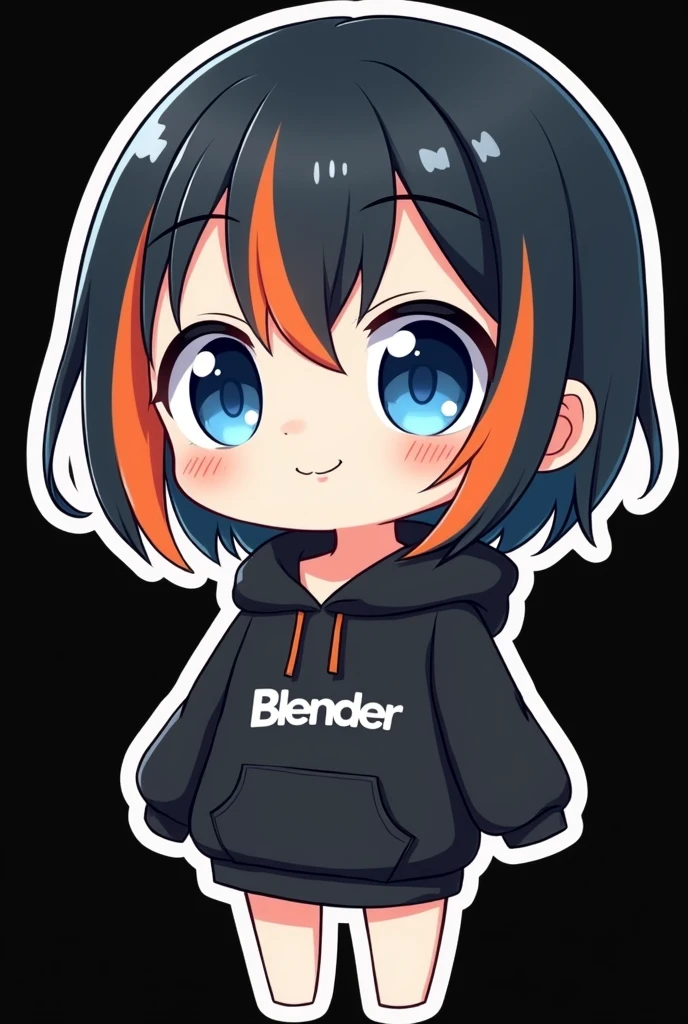 2D CUTE ANIME STYLE STICKER CUTE CHIBI GIRL black hair with orange and blue stripes blue eyes with a black hoodie covering from the waist up with blender logo on it , full body , big head , small limps , no mask on face , best quality, black background