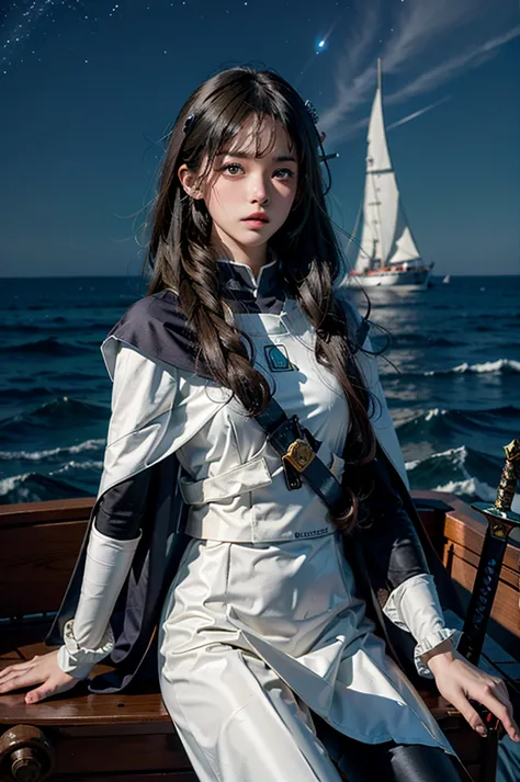 boy sitting in a boat, sword in hand, cape, lonely, high resolution, sea of stars, overlooking, romance, smallness