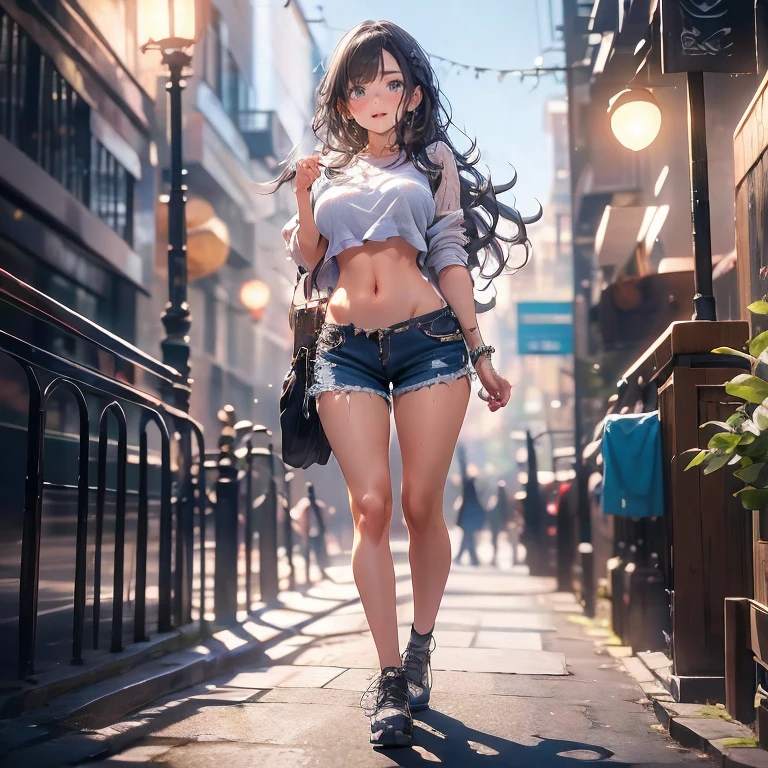 full body Waifu beautiful detailed eyes, beautiful detailed lips, extremely detailed eyes and face, longeyelashes, 1girl, sensual, young woman, sexy medium / large breasts, beautiful feminine face, nice sexy thighs, slim, sexy, erotic, beautiful clothes, perfect body, perfect anatomy of female, cinematic lighting and framing, (best quality,4k,8k,highres,masterpiece:1.2),ultra-detailed,digital painting,portrait,glamorous,highly detailed,soft lighting,warm color tones Um personagem com cabelo curto, com uma blusa branca de manga curta, com grande, coxas grossas, com um corpo quente, com uma linda cintura fina e uma bunda grande (anime) shorts pretos e roupas de manga curta.