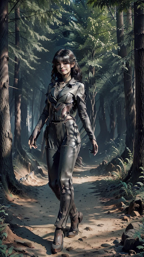 The creature dissolves into shadows, and the forest grows quiet again. The girl takes a breath, smiles softly, and walks deeper into the forest, her journey only beginning