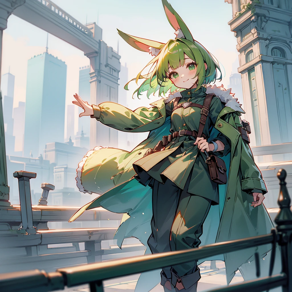 (long Green rabbit ears), green animal ears, (1 girl), green hair, green eyes, bob cut, thin eyebrows, smiling, young, alone, Lolita, childhood, child, short, overall, coat, long boots, red hood, wide pants, harness, fingerless globe, belt, waist pouch, in the city, tiny, baby face, pastel academia, cel anime