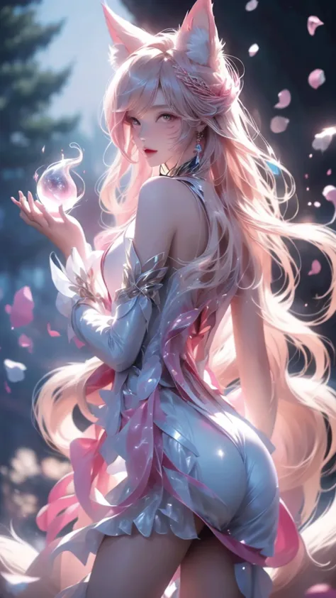 cloud,clouds,,noble and elegant,japanese nine-tailed fox girl,long white hair flowing,hairpin,wearing a pink and white jumpsuit,...