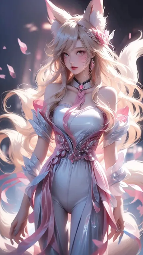 cloud,clouds,,noble and elegant,japanese nine-tailed fox girl,long white hair flowing,hairpin,wearing a pink and white jumpsuit,...