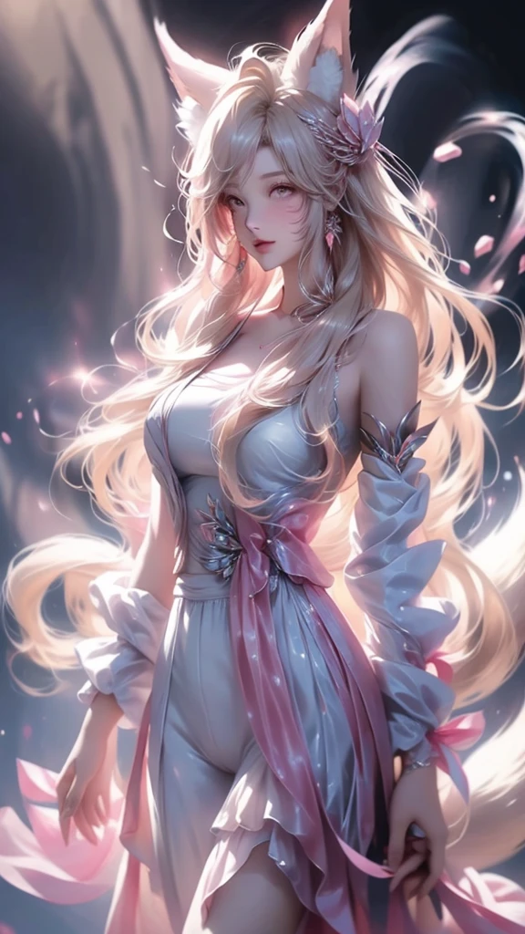 Cloud,Clouds,,Noble and elegant,Japanese nine-tailed fox girl,Long white hair flowing,Hairpin,Wearing a pink and white jumpsuit,走到Clouds樓梯中,