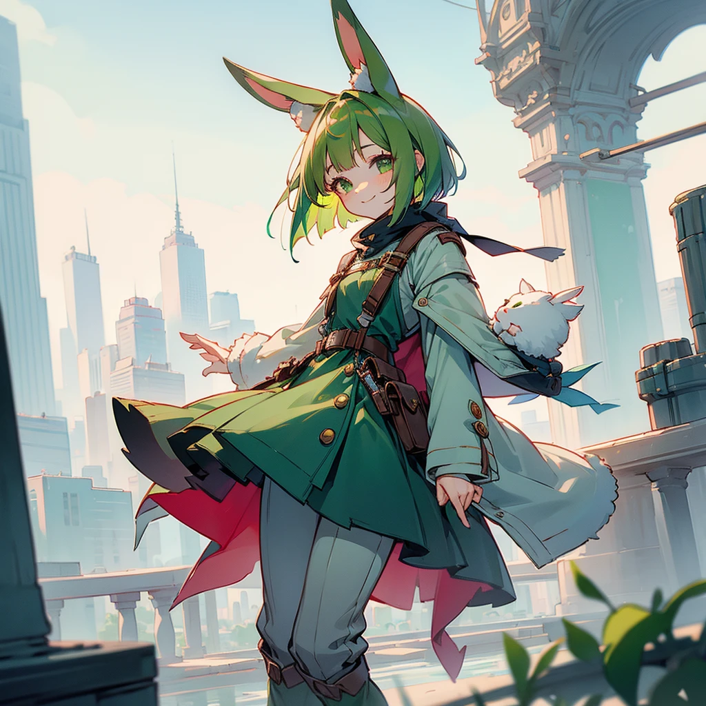 (long Green rabbit ears), green animal ears, (1 girl), green hair, green eyes, bob cut, thin eyebrows, smiling, young, alone, Lolita, childhood, child, short, overall, coat, long boots, red hood, wide pants, harness, fingerless globe, belt, waist pouch, in the city, tiny, baby face, pastel academia, cel anime