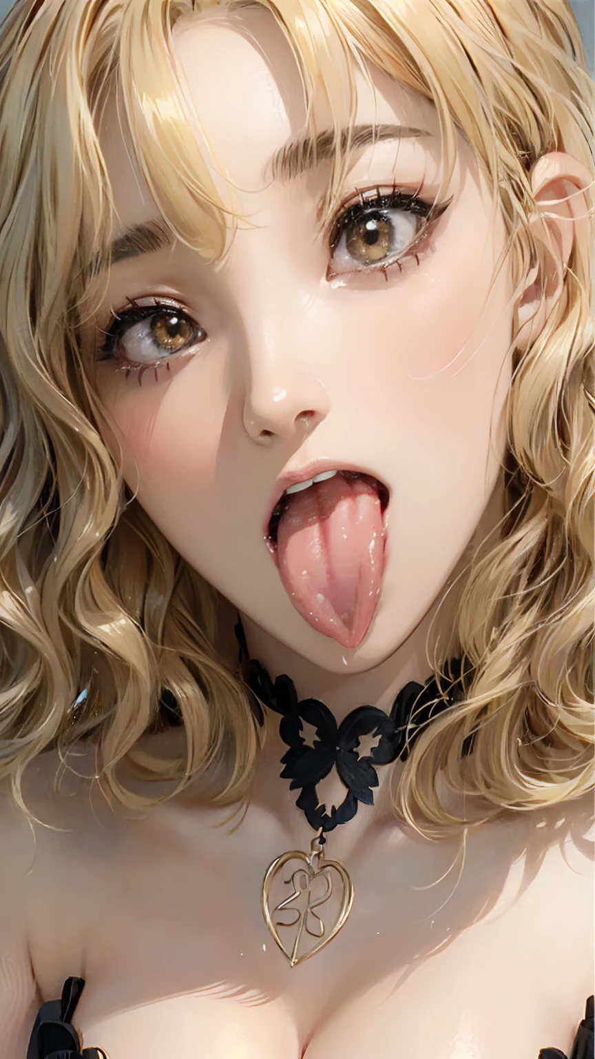 Realistic, masterpiece, Highest quality, Highest quality, (One Japanese woman:1.5), (Close up on face, Sticking out a long tongue:1.5), beautiful girl, Smiling happily, Dark Eyes, With lots of eyelashes, (Blonde wavy short hair:1.3), (Cleavage:1.3)