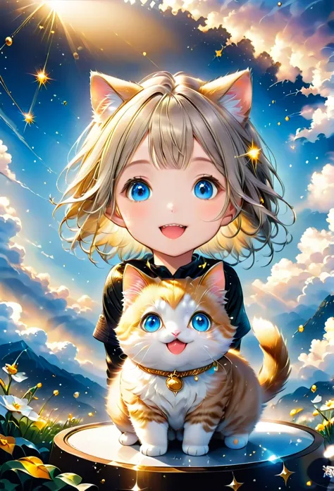 above the clouds、cute munchkin cat、 blue eyes, golden eyes, open your mouth a little, accurate, textured skin, shiny hair, smile...