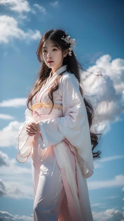 cloud,clouds,,noble and elegant,japanese nine-tailed fox girl,long white hair flowing,hairpin,wearing a pink and white jumpsuit,...