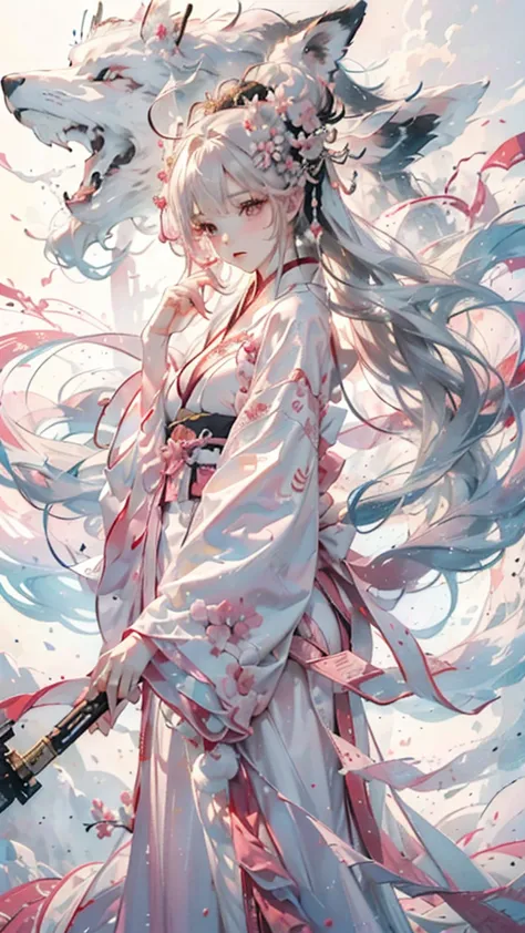 cloud,clouds,,noble and elegant,japanese nine-tailed fox girl,long white hair flowing,hairpin,wearing a pink and white jumpsuit,...