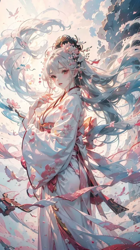 cloud,clouds,,noble and elegant,japanese nine-tailed fox girl,long white hair flowing,hairpin,wearing a pink and white jumpsuit,...