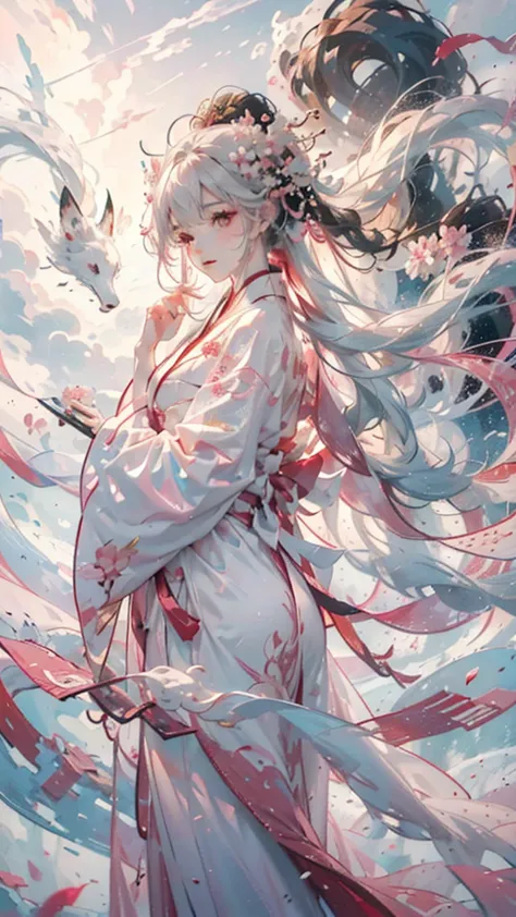 cloud,clouds,,noble and elegant,japanese nine-tailed fox girl,long white hair flowing,hairpin,wearing a pink and white jumpsuit,...