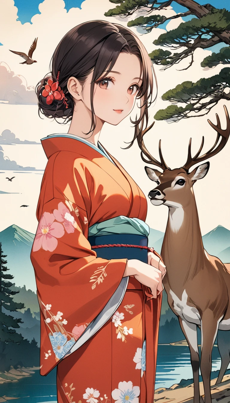 young woman, Kimono Beauty, Marugaku, (Big Pine Tree,  1 deer, bird, Green Mountain, White cloud), Japanese painting style, Anime Art, art，advertisement，Colored pencil drawing，draft