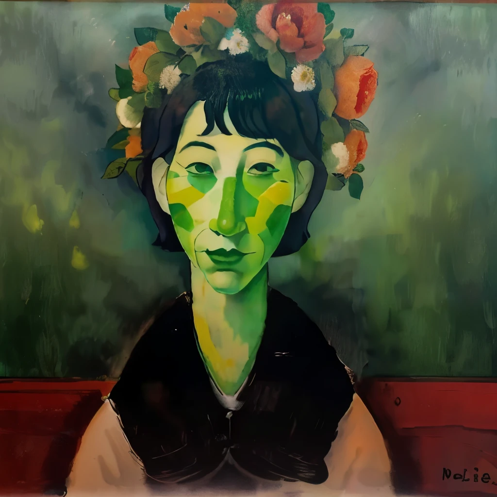 A woman with a green face hiding among the flowers、Can be viewed