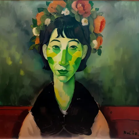 a woman with a green face hiding among the flowers、can be viewed