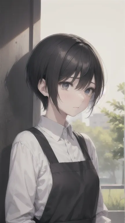 slender,boyish,married women,sad face、crying face、black hair、whole body,portraits,short hair,very short hair,frontview,apron