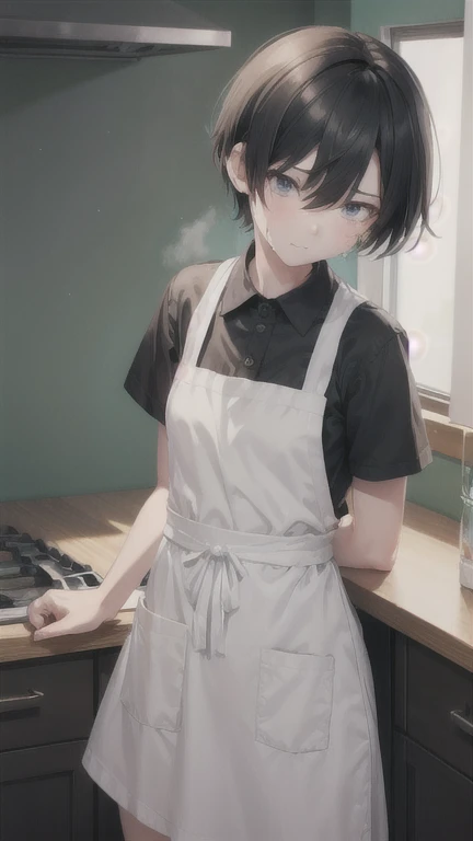 slender,boyish,Married women,Sad face、Crying face、Black Hair、whole body,Portraits,short hair,Very short hair,frontview,Apron appearance、kitchen
