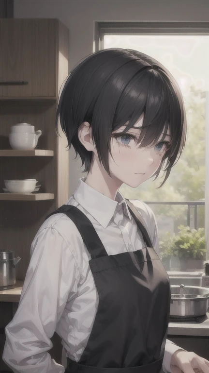 slender,boyish,Married women,Sad face、Crying face、Black Hair、whole body,Portraits,short hair,Very short hair,frontview,Apron appearance、kitchen
