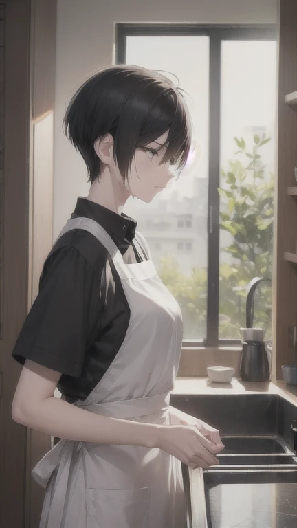 slender,boyish,Married women,Sad face、Crying face、Black Hair、whole body,Portraits,short hair,Very short hair,frontview,Apron appearance、kitchen
