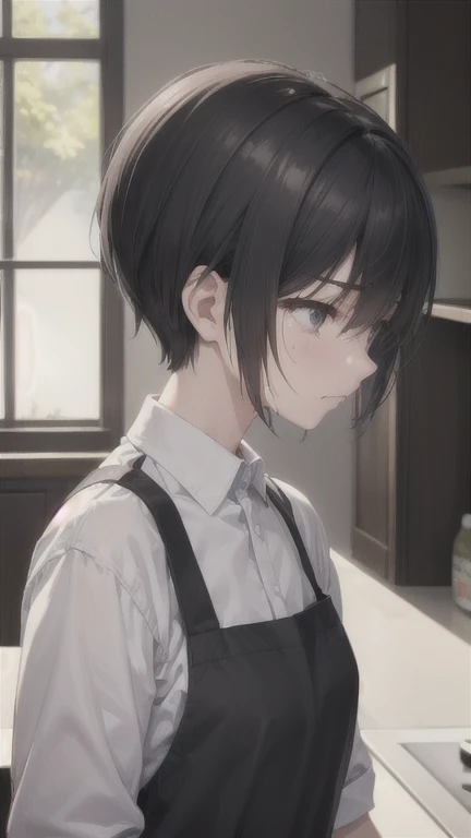 slender,boyish,Married women,mother、Sad face、Crying face、Black Hair、whole body,Portraits,short hair,Very short hair,frontview,Apron appearance、kitchen
