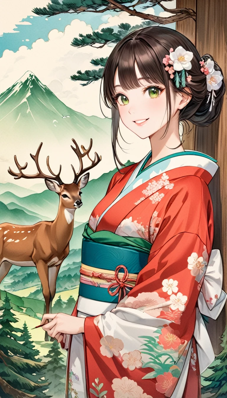 young woman, Kimono Beauty, Marugaku,Look at me and smile,  (Big Pine Tree, Green Mountain, deer, bird,  White cloud), Japanese painting style, Illustration art, art，advertisement，Colored pencil drawing，Draft, 