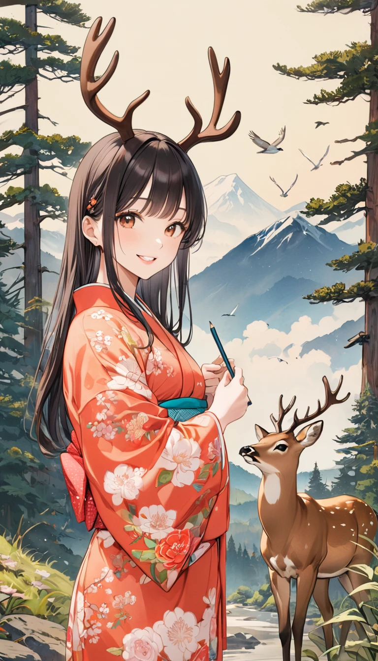 young woman, Kimono Beauty, Marugaku,Look at me and smile,  (Big Pine Tree, Mountain, deer, bird,  White cloud), Japanese painting style, Illustration art, art，advertisement，Colored pencil drawing，Draft, 