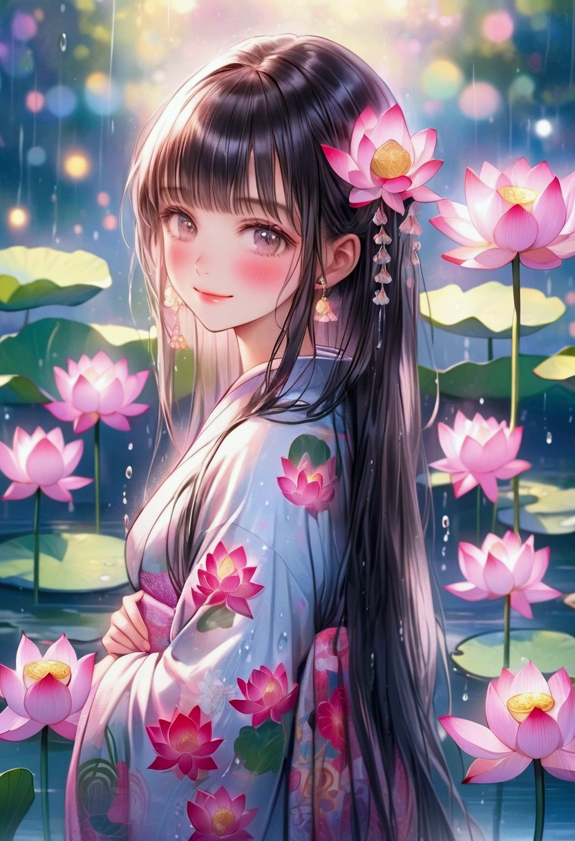 pond with lotuses blooming, graceful standing beautiful cute girl, flowy black long straight hair, blunt bangs, gentle smile, blushed cheek, kimono with lotus pattern, gently rain, vibrant colors, background bokeh, intricate details