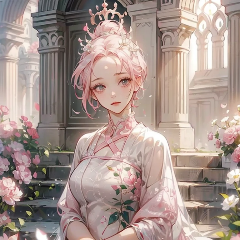 Sakura Haruno, ((Solitary)), Solitary, bride, Wearing a white wedding dress, Queen, Happy, ((The forehead is exposed)), permanent, Entering the church, Pink Hair, short hair, Beautifully, young, short hair, Delicate face, HD, ((whole body)), (The flowers around her), whole body, she is a beautiful woman getting married, face with high quality, beautiful, shining