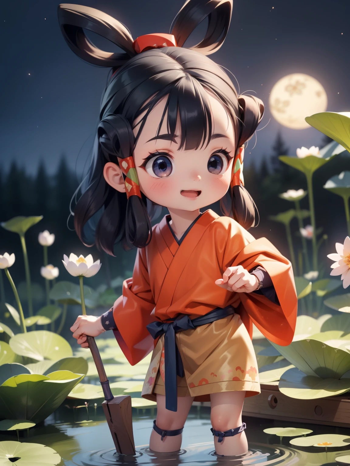 (Superflat, Flat Shading)，最high quality、high quality、Very ，Very short stature，，Very short stature，smile，Large pond in the moonlight、Lotus flowers:1.2，moonlight、Short cute kimono，cute loincloth，Bruises and gestures，