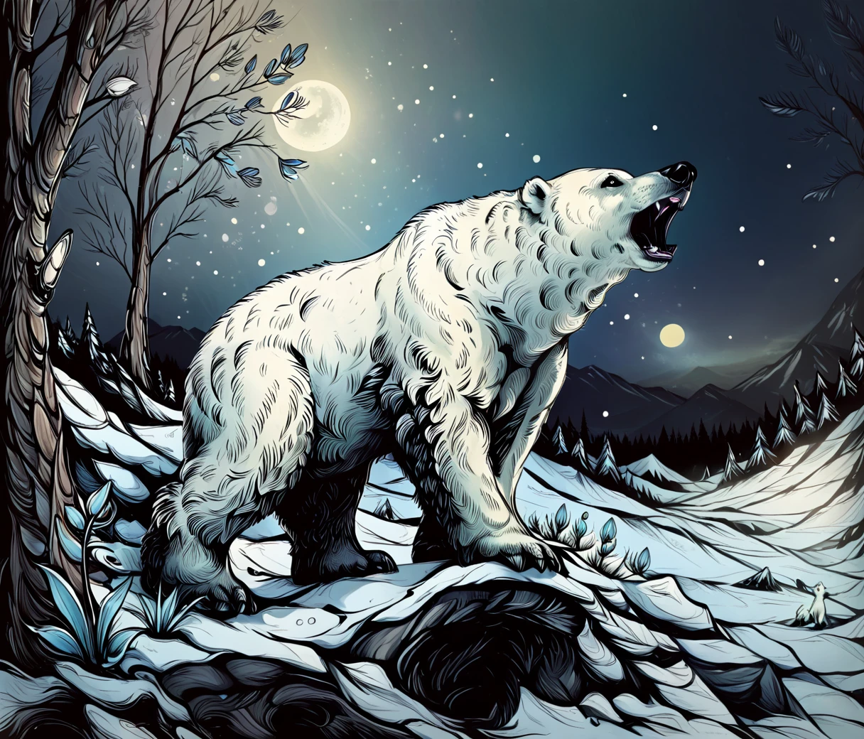 (cute, chubby, male, polar bear), zavy-fltlnpnt, nude, full body, Enchanted winter landscape with botanical paradise, hires textures, highly detailed, intricate details, best quality, masterpiece, bright lighting, detailxl