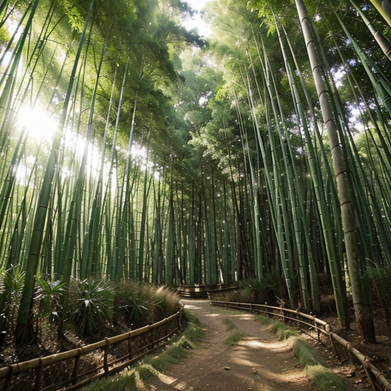 A peaceful bamboo forest with light filtering through the tall stalks.
