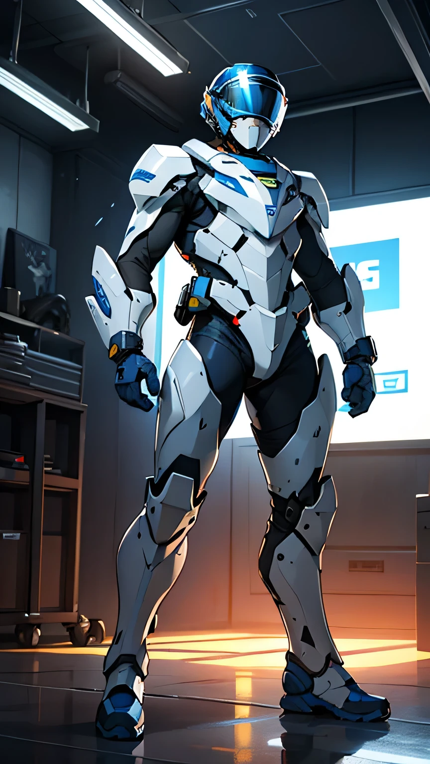 ハイテクpoliceスーツ, Futuristic Design, Armored Exoskeleton, Blue and white color scheme, Helmet with visor, Reinforced Boots, With tactical shield "police" Written in yellow, Police car red lights,Have a high-tech device, A strong and confident pose, Are standing, Forward posture, defensive posture, Future outlook, Indoor Studio, Even artificial lighting, bright, clean focus, Sharp details, Heroic atmosphere.