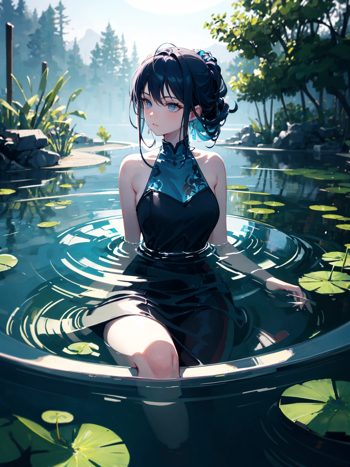 a beautiful woman in a serene pond, floating amongst lily pads, her hair flowing gracefully in the water, up to her shoulders, standing in a pond, floating in a powerful zen state, nymph in the water, sitting in a reflective pool, floating underwater in a lake, sitting at a pond, photorealistic, highly detailed, dramatic lighting, vibrant colors, cinematic composition