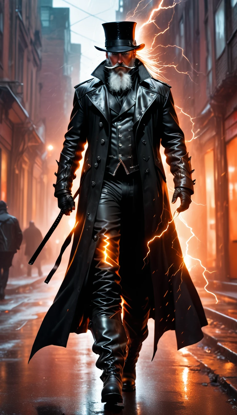 Steampunk 8K image: a large full-length man walking through a dark post-apocalyptic city, athletic build, long sideburns, high top hat, black leather raincoat, leather trousers, black leather pants, high boots, evil grin, glitter in the eyes, big white beard, lightning bolts around the man, ash-white electrified aura with an orange tint, (clear lines), depth of field, 85 mm lens, side