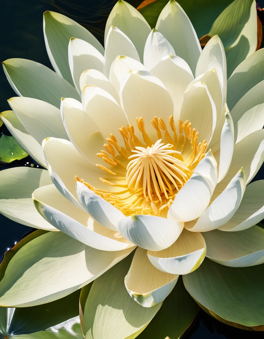 Best-quality, Masterpiece, Ultra-High-Resolution, (Photorealistic:1.4), Raw-Photo, Extremely-Detaied, Delicate white lotus petals unfold in a shallow pool of tranquil water, surrounded by lush greenery and soft ripples. Warm sunlight casts a gentle glow, highlighting the flower's intricate details. The camera frames the lotus from above, emphasizing its serenity and beauty, ImgFixerPre0.3