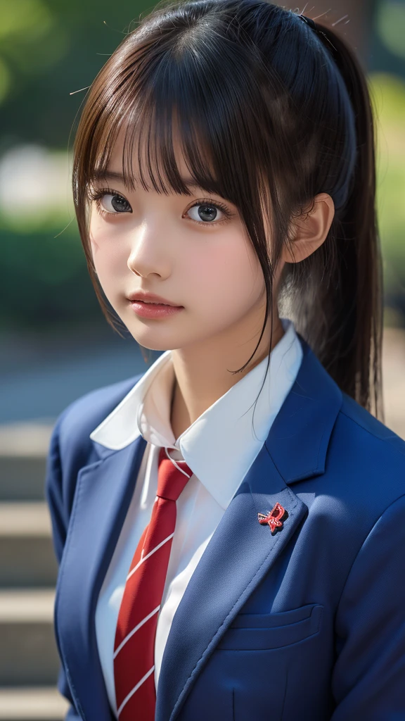 ((masterpiece, Highest quality, High resolution)), Japanese schoolgirl、(Realistic: 1.4), Great face,Glossy Lips、, ponytail、(Beautiful Hair:1.5), Japanese High School Uniform、(Navy Blue Blazer、Navy blue jacket)、(White dress shirt)、(Red tie)、(Very short pleated skirt、The ultimate short pleated skirt)、Beautiful body、Beautiful breasts、Beautiful thighs、Beautiful legs、On the school stairs、Looking down、Smooth, Highly detailed CG composite 8K wallpaper, High resolutionのRAWカラー写真, Professional photography, Light, BackLight, dream-like, impressive, Written boundary depth, (Face close-up:1.3)