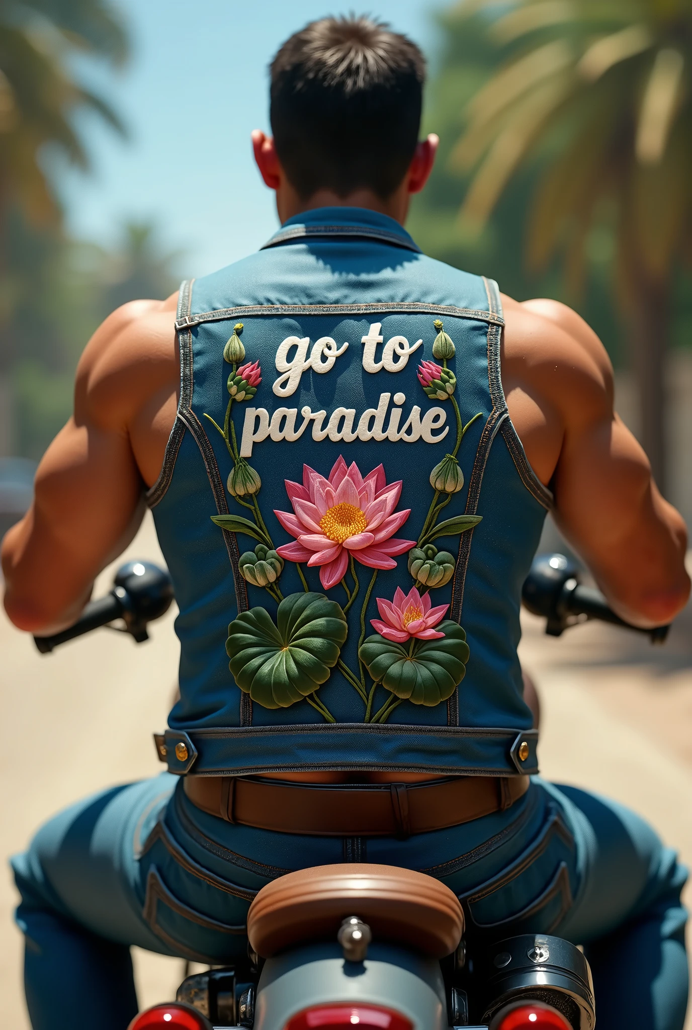 (Best image quality, Surreal portrait, 8k, Ultra-realistic, 最high quality, high quality, High resolution, high qualitytexture, High detail, Beautiful details, Fine details, Highly detailed CG, Detailed Texture, Realistic expression, masterpiece, Presence, bold), ((Back view of a strong American man)), Riding a Harley Davidson, For sleeveless denim vests(Beautiful embroidered lotus flowers「Go to Paradise」The letters stand out), 